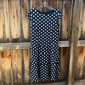 Anne Klein dress flare navy cream polka dots cap sleeve slinky 10